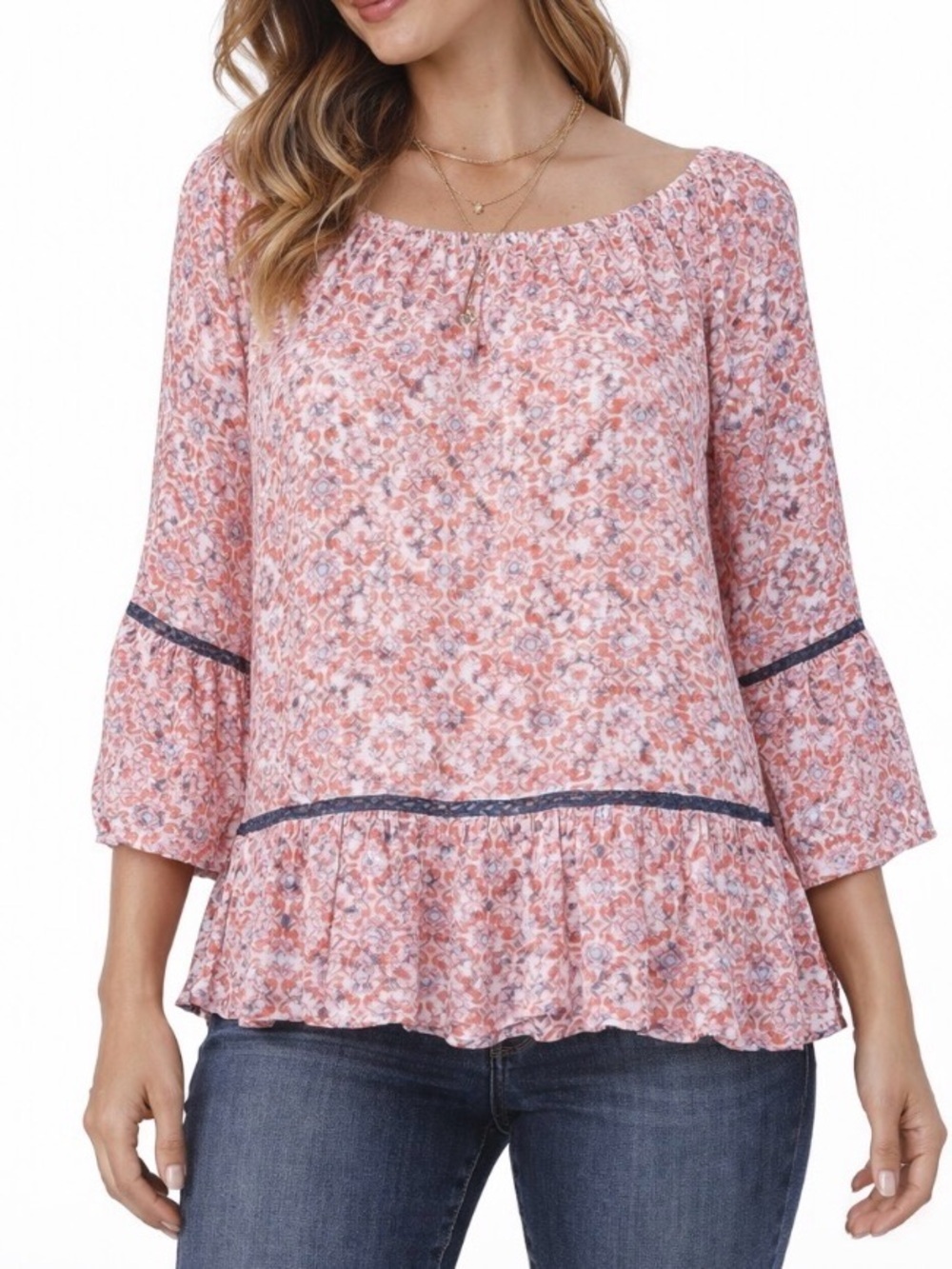 Democracy pink & white peplum 3/4 sleeve flowy BoHo top/blouse M on/off shoulder